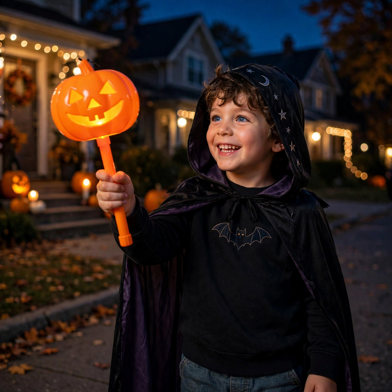 Child waving the glowing Halloween pumpkin on a stick at night