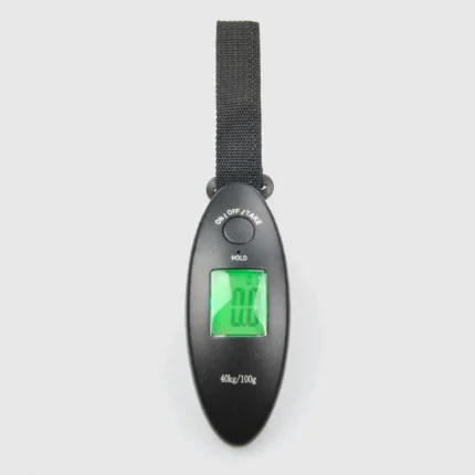 Digital luggage scale - black handheld portable suitcase weight scale with backlit LCD, front view