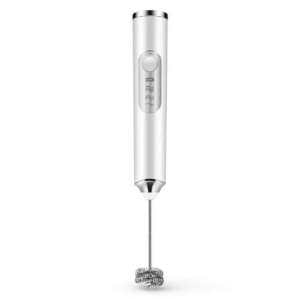 White USB electric milk frother with stainless steel whisk attached