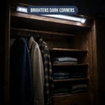 Motion sensor light mounted inside a wardrobe lighting up clothes