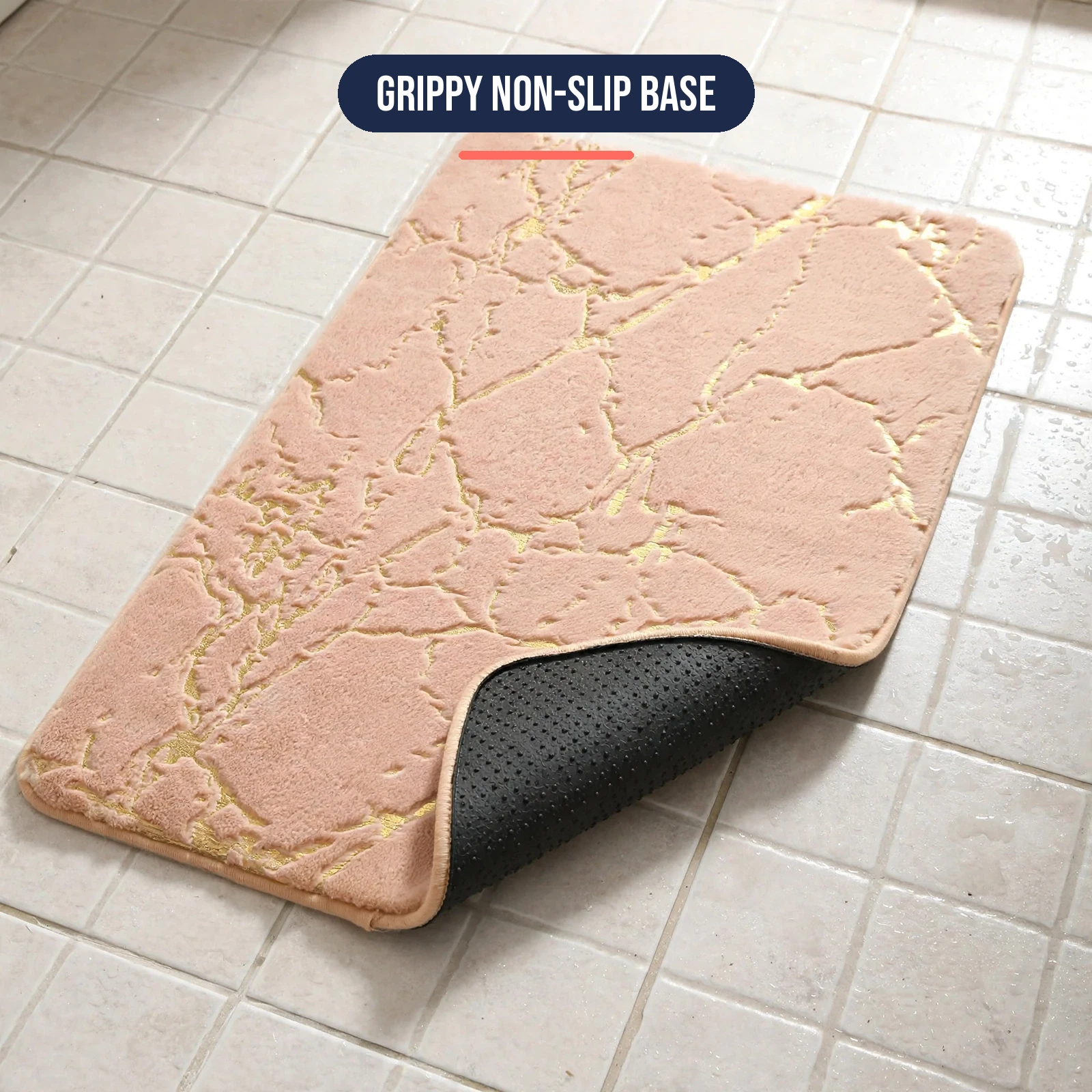 Non slip bath mat at an angle showing the plush top and grippy rubber backing