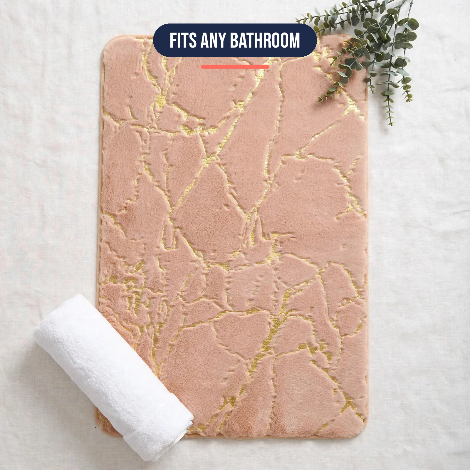 Non slip bath mat styled flat with a rolled towel - bathroom flat lay
