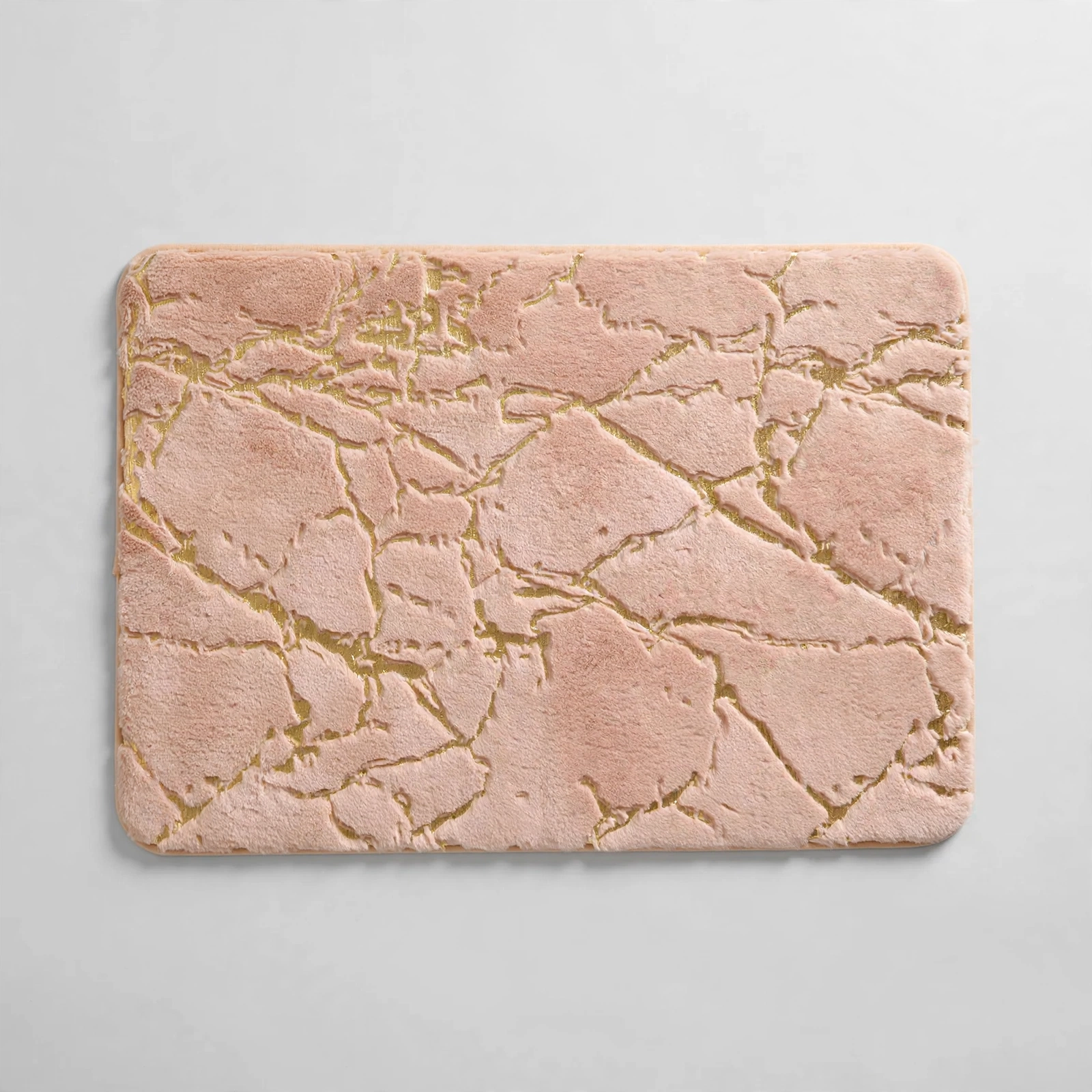 Non slip bath mat - blush pink plush bath mat with gold marble pattern, front view