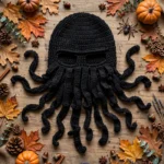 Octopus beard beanie hat flat lay with Halloween decorations