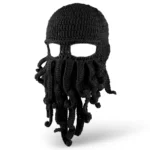Black octopus beard beanie hat with tentacle strands front view