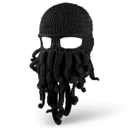 Black octopus beard beanie hat with tentacle strands front view