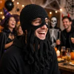 Person wearing the black octopus beard beanie hat at a Halloween party