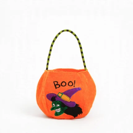 Orange fabric Halloween trick or treat bag with BOO print and witch design, front view
