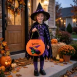 Child in Halloween costume holding the orange trick or treat bag