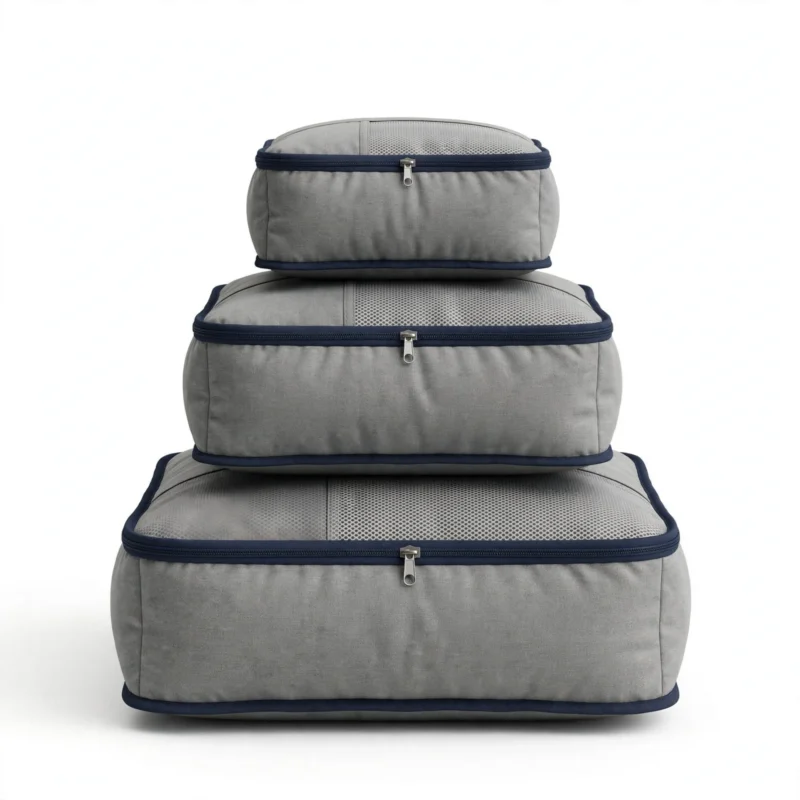 Grey compression packing cubes stacked neatly in graduated sizes