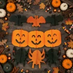 Flat lay of the paper Halloween garland with autumn decorations