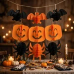 Paper Halloween garland hanging above a decorated party table