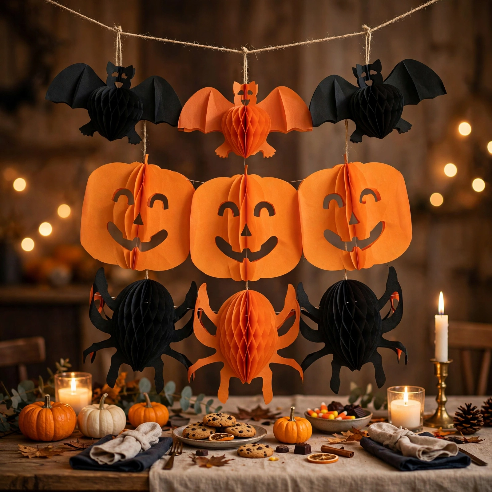 Paper Halloween garland with bats, pumpkins and spiders hanging above a party table