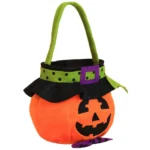 Pumpkin candy tote bag with witch hat collar, three-quarter angle view