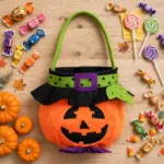 Flat lay of the pumpkin candy tote bag with sweets and Halloween decorations