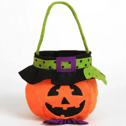 Kids pumpkin candy tote bag with smiling face and witch hat, front view