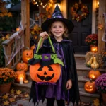 Child in witch costume holding the pumpkin candy tote bag