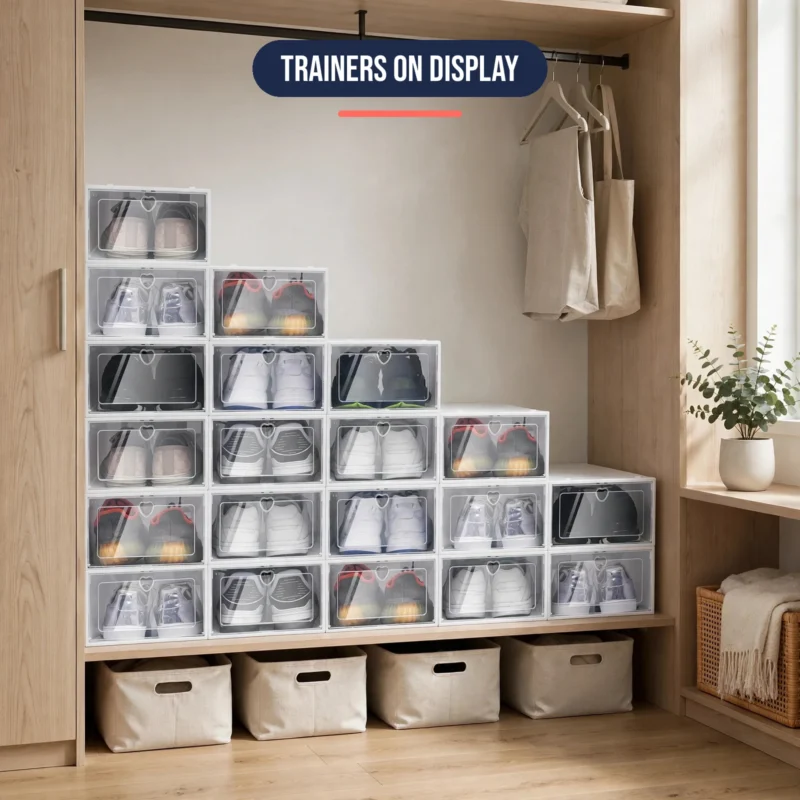 Shoe storage boxes stacked in a bright hallway wardrobe with shoes inside