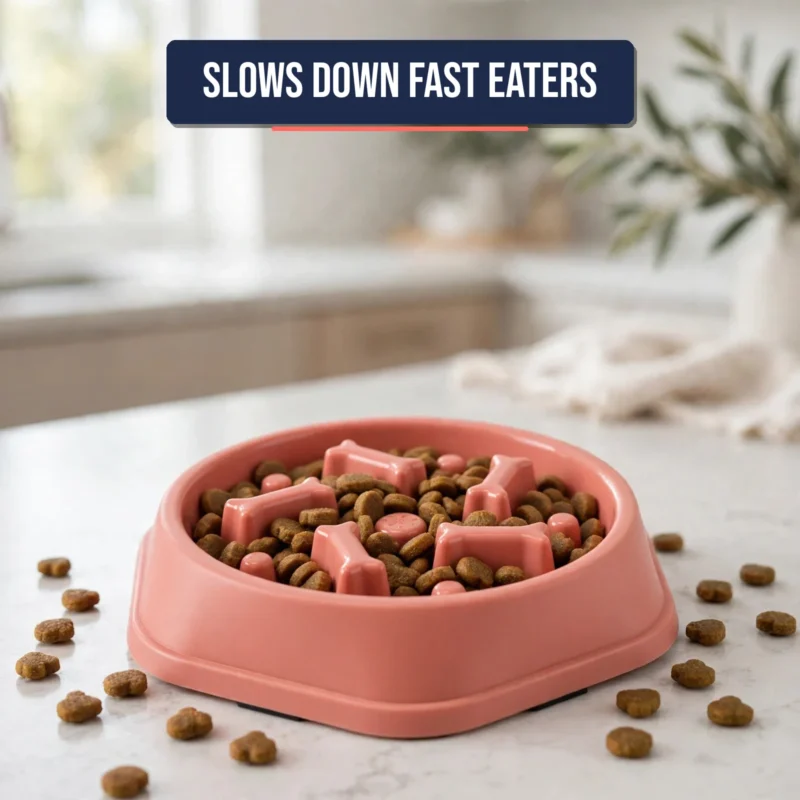 Angled view of the slow feeder dog bowl showing maze pattern ridges
