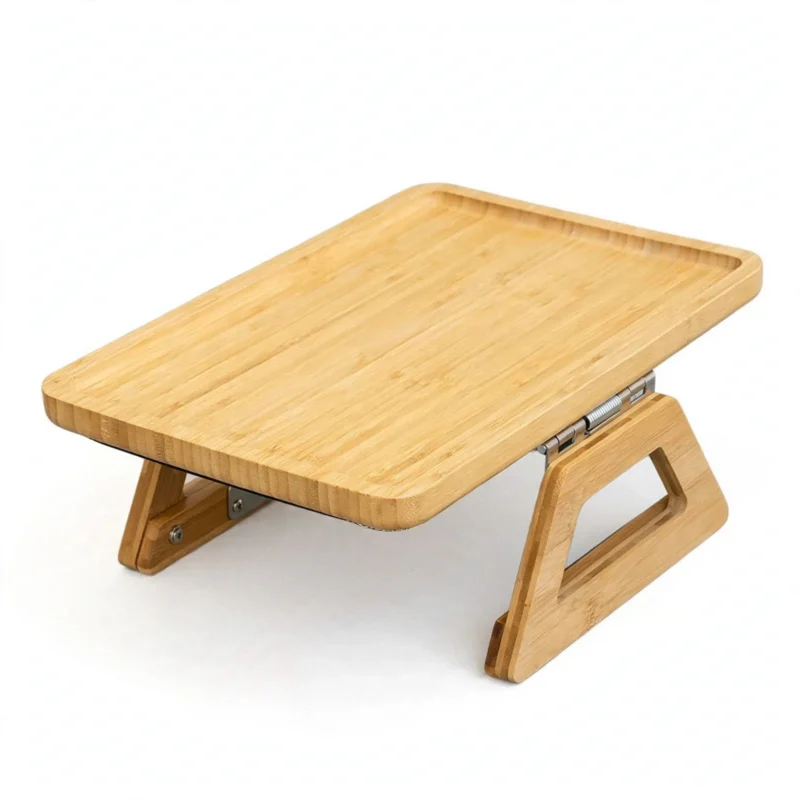 Natural bamboo sofa arm tray with clip legs, front view