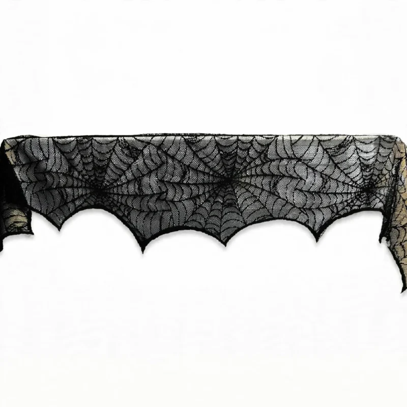 Large black lace spider web cloth, full span front view