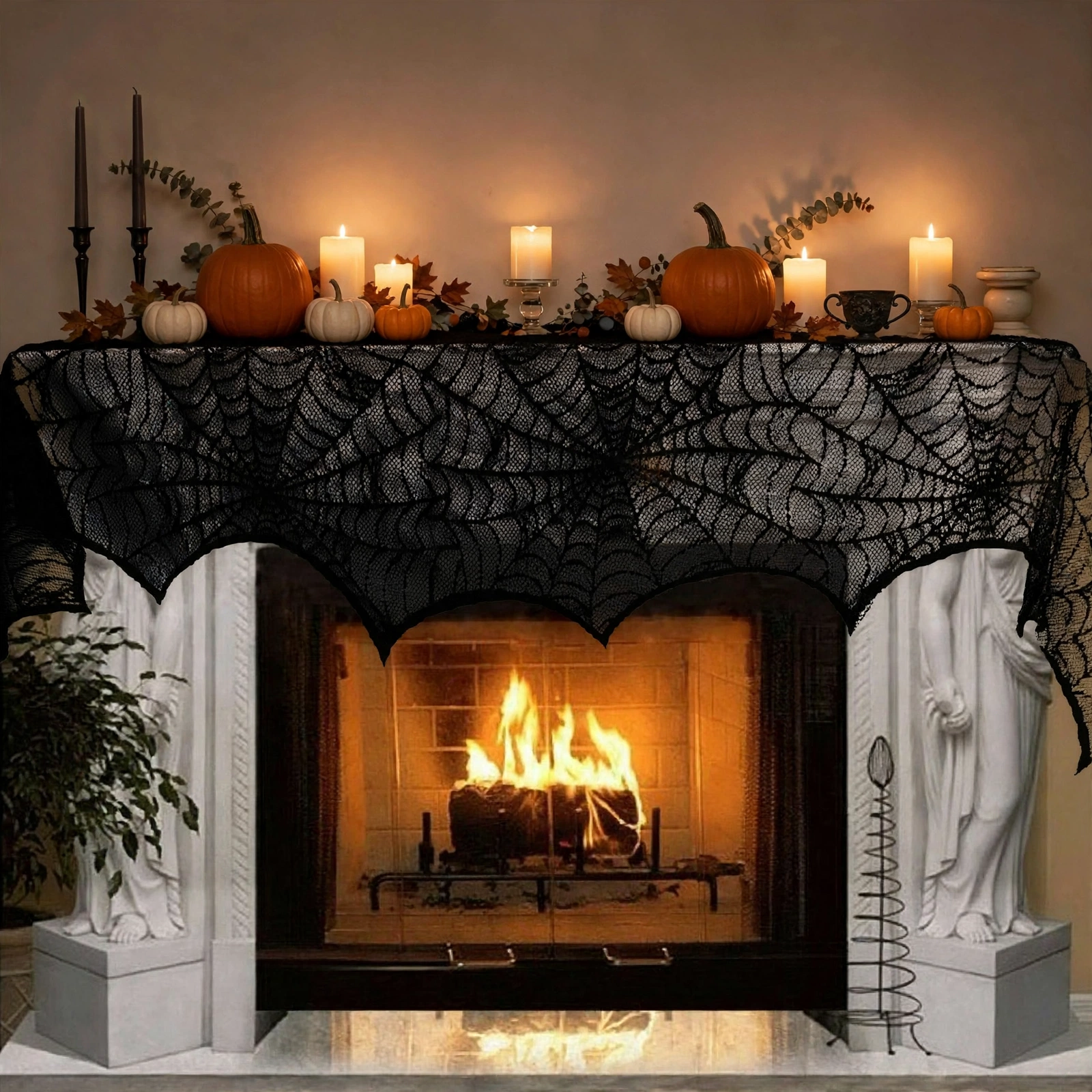 Black lace spider web cloth draped over a fireplace mantel