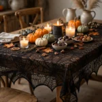 Spider web lace cloth used as a table cover with Halloween decor