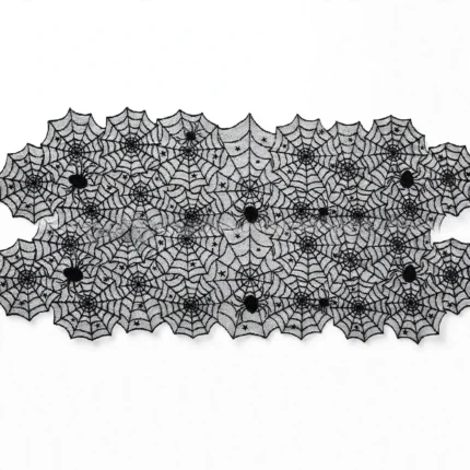Black lace spider web table runner, full length front view