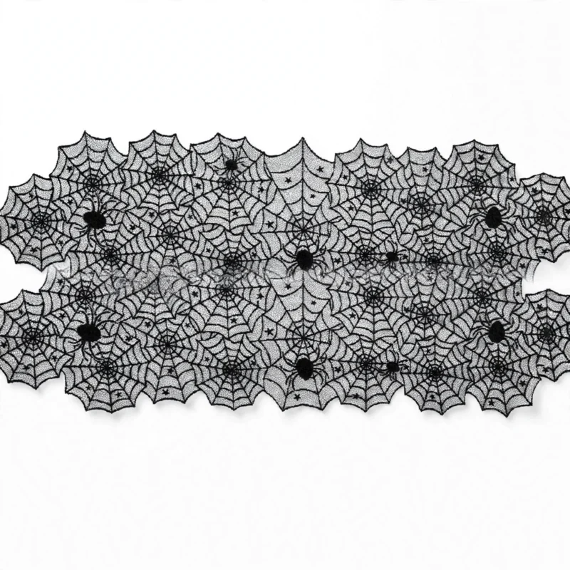 Black lace spider web table runner, full length front view