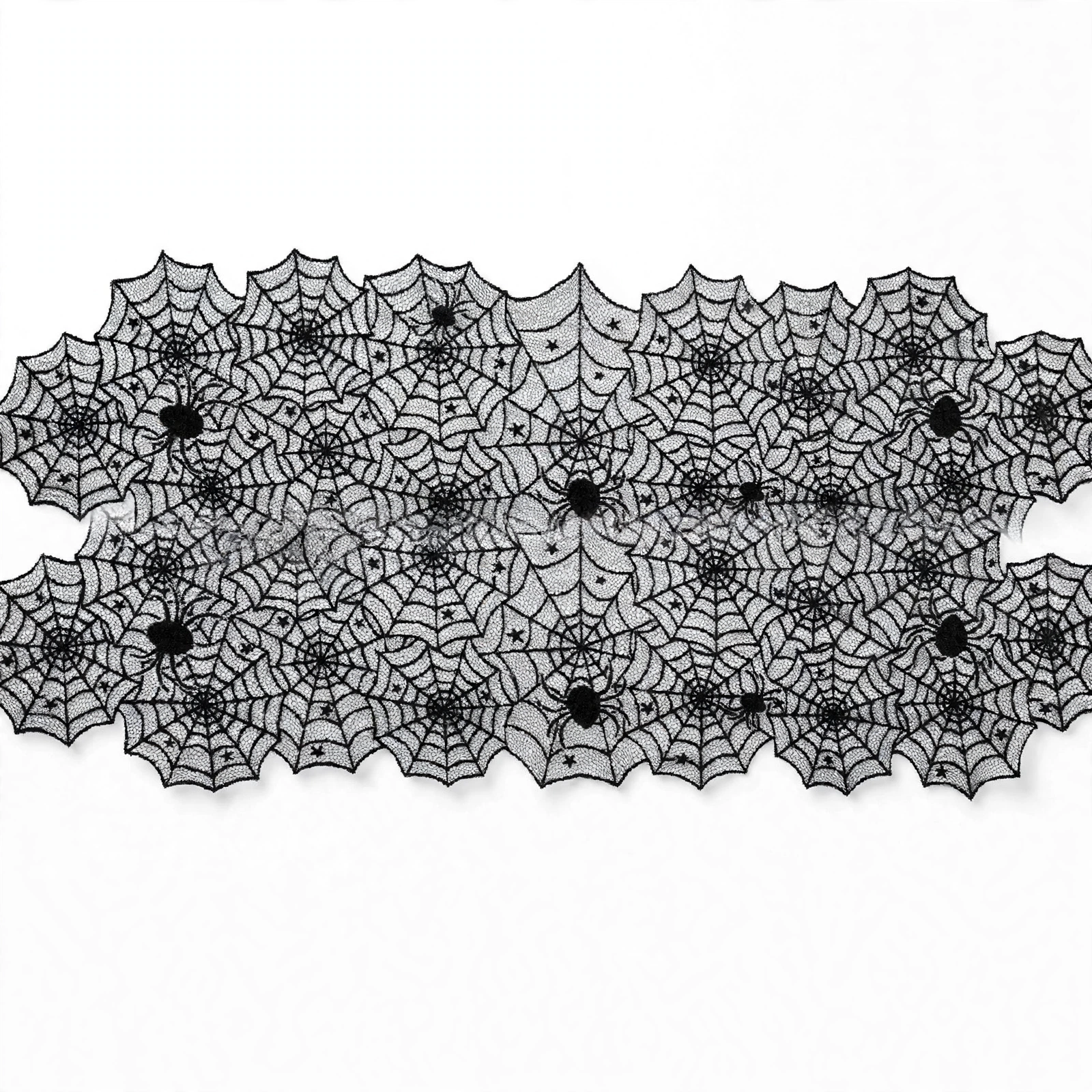 Black Lace Spider Web Table Runner Front View Black lace spider web table runner, full length front view