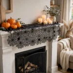 Spider web runner draped over a fireplace mantel
