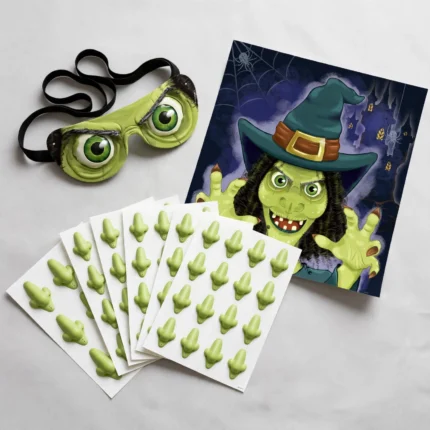 Stick the Nose on the Witch game pieces, three-quarter angle view