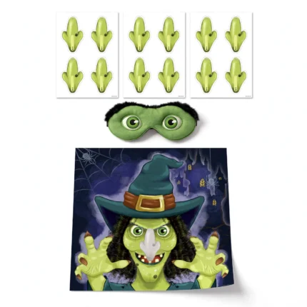 Stick the Nose on the Witch game set with poster, mask and noses, front view