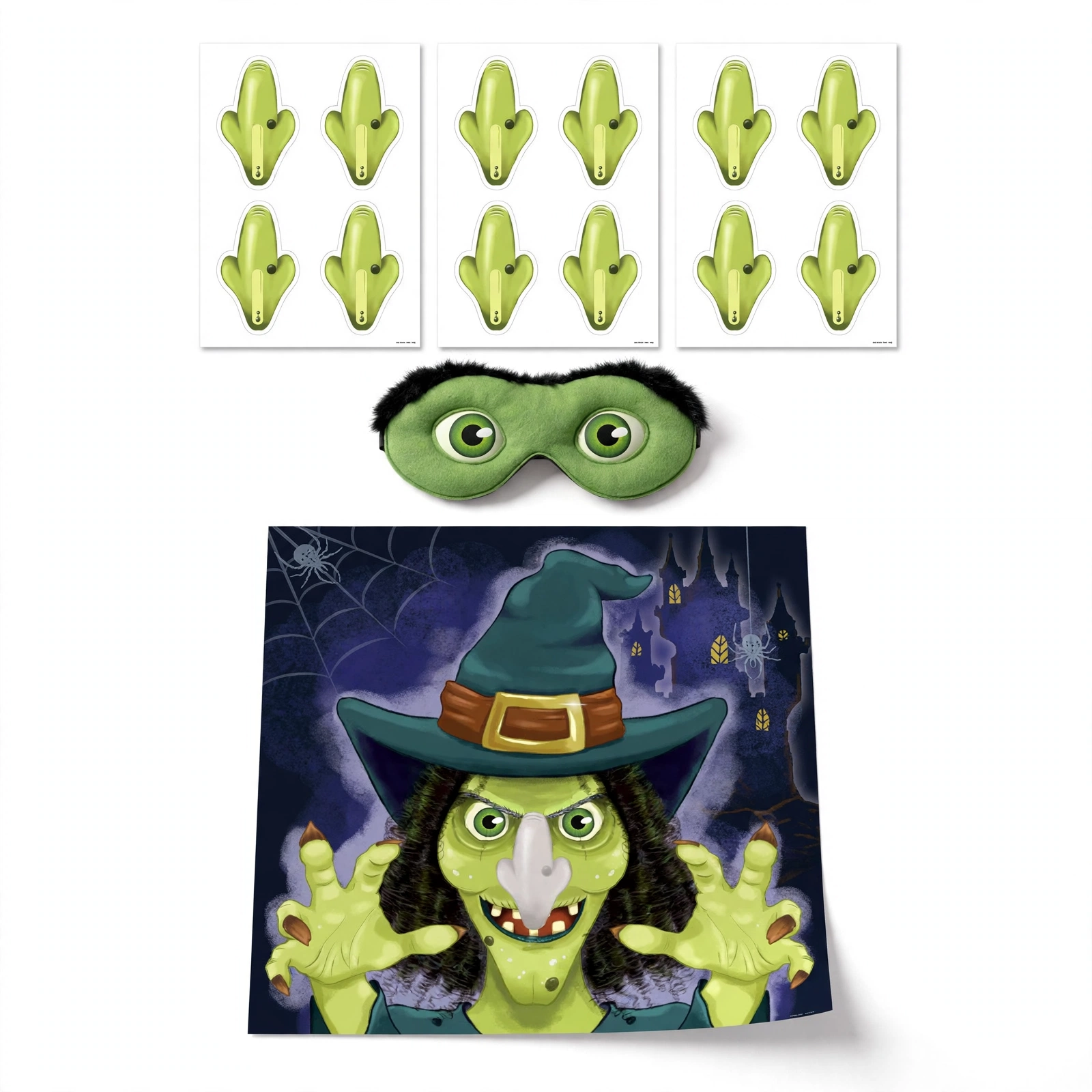 Stick the Nose on the Witch Game Front View Stick the Nose on the Witch game set with poster, mask and noses, front view