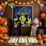 Children playing stick the nose on the witch at a Halloween party