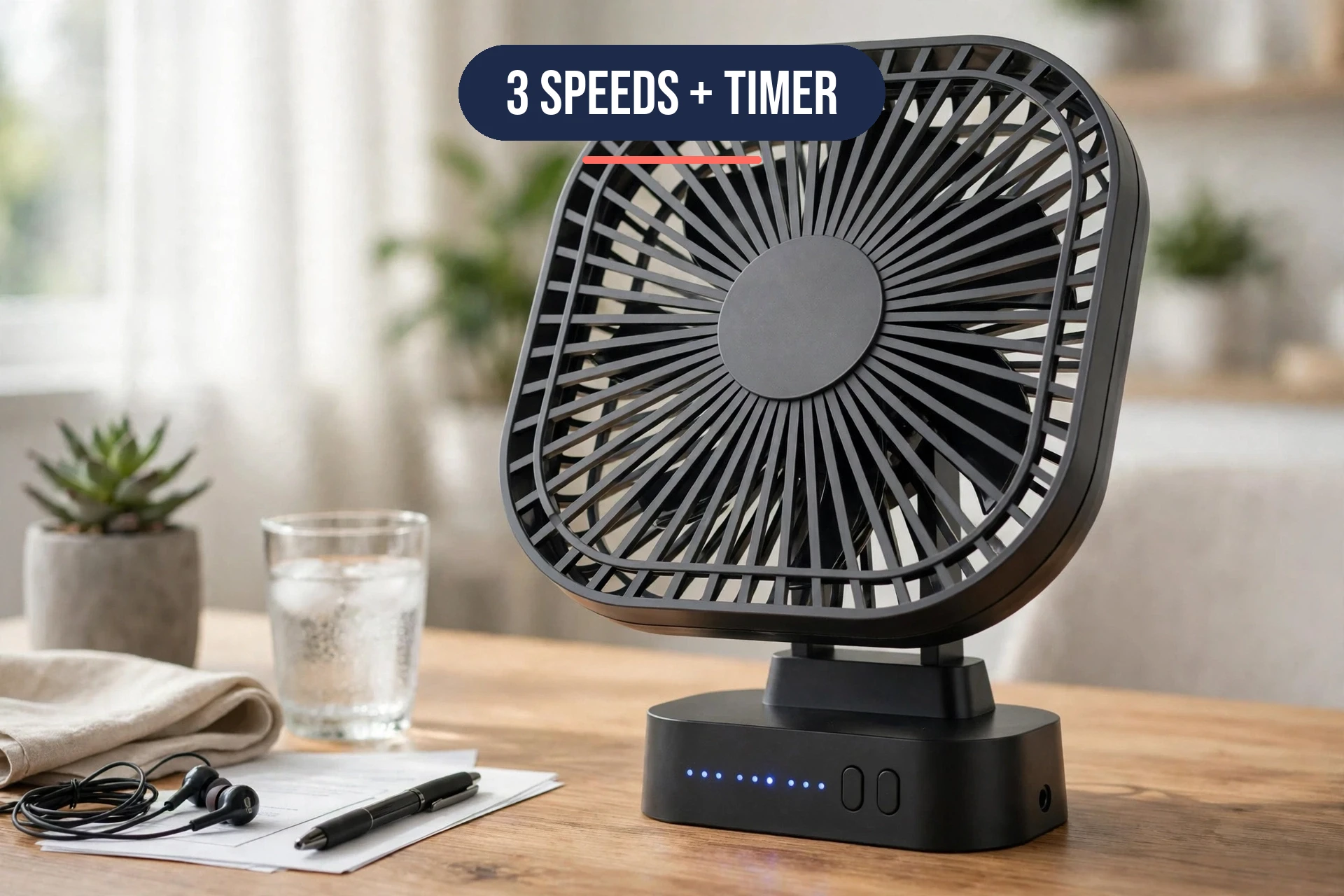 USB desk fan shown at an angle on a desk, three-quarter view