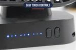 Close-up of the base control buttons and battery indicator of the usb desk fan