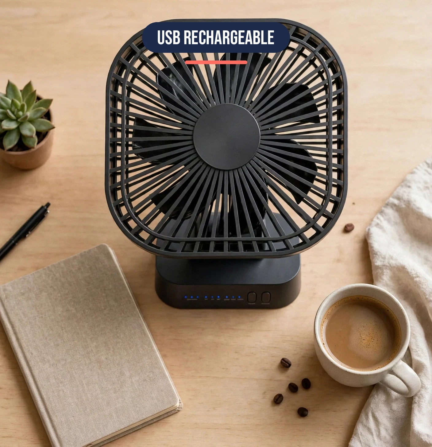 USB desk fan in a top-down desk scene with a notebook and coffee - flat lay