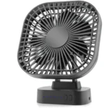 USB desk fan - black square rechargeable desktop fan on its stand, front view