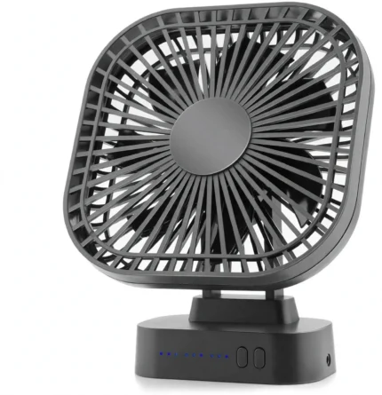 USB desk fan - black square rechargeable desktop fan on its stand, front view
