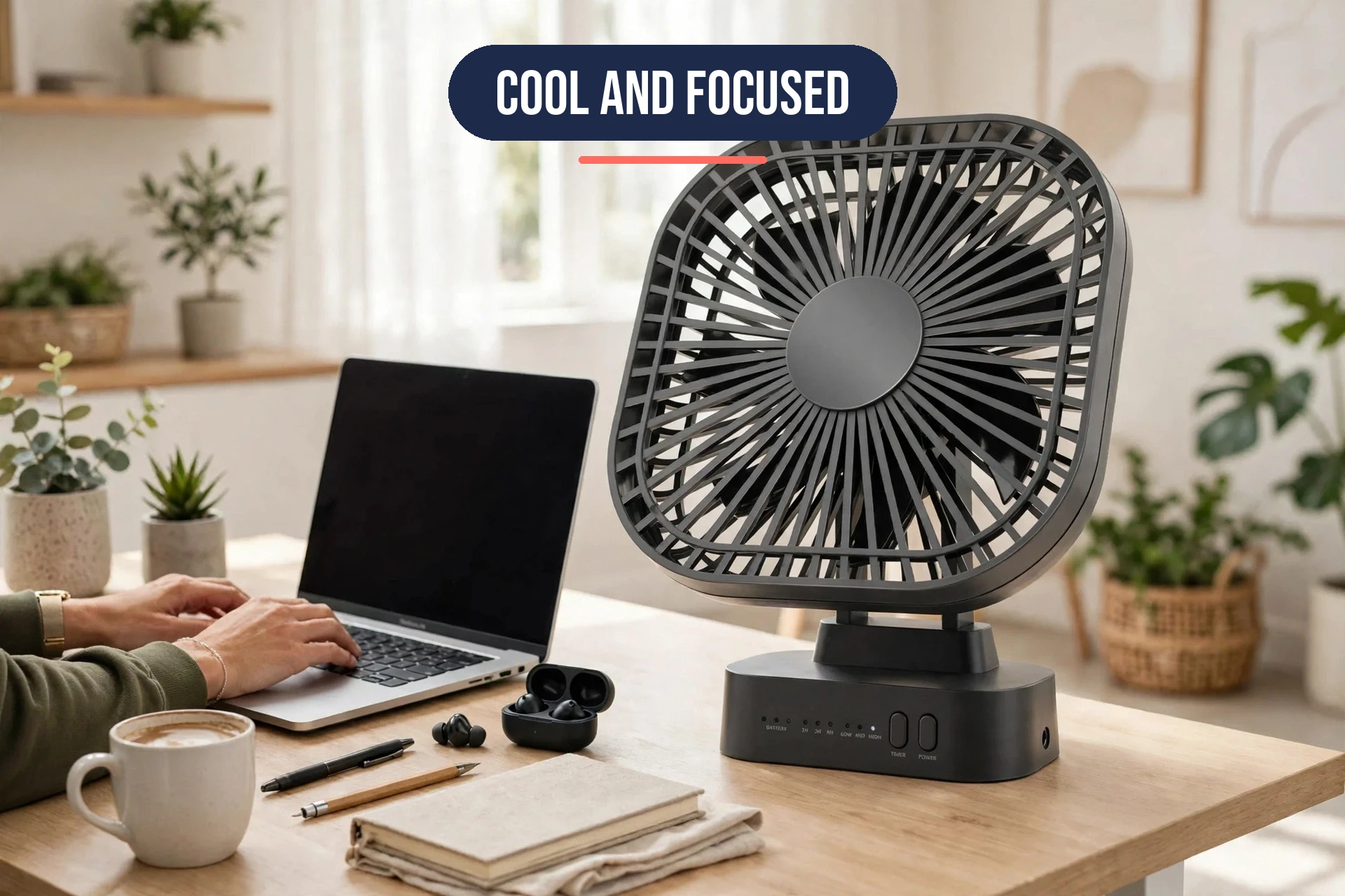 USB desk fan on an office desk beside a laptop while a person works