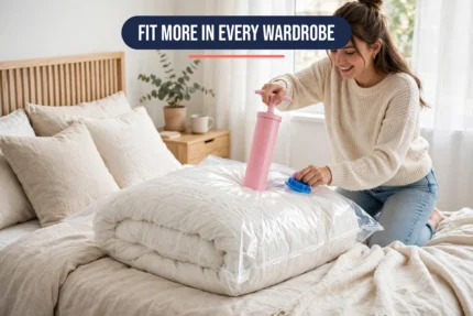 Vacuum storage bags being vacuumed flat on a bed full of duvets