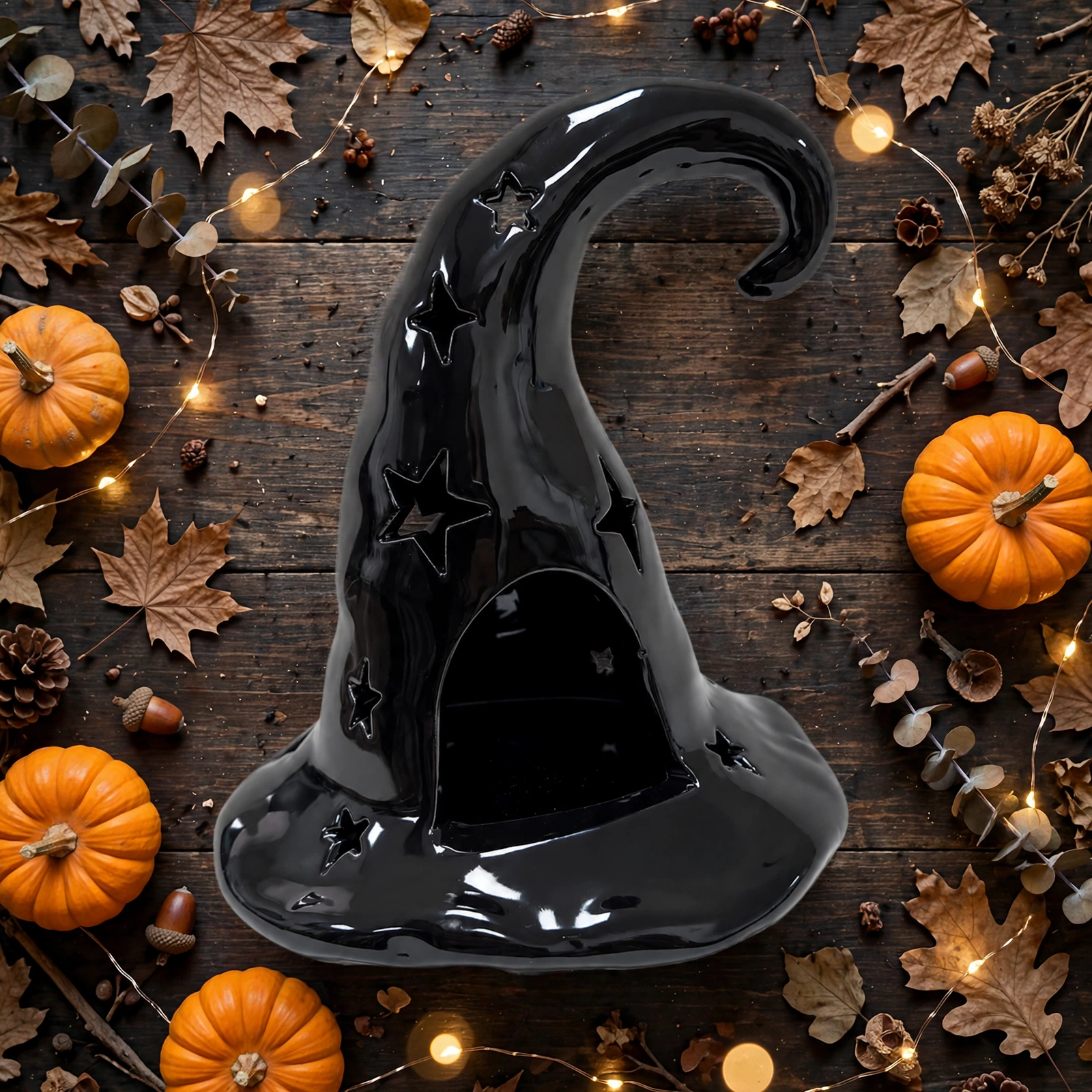 Flat lay of the black ceramic witch hat tealight holder with autumn decor