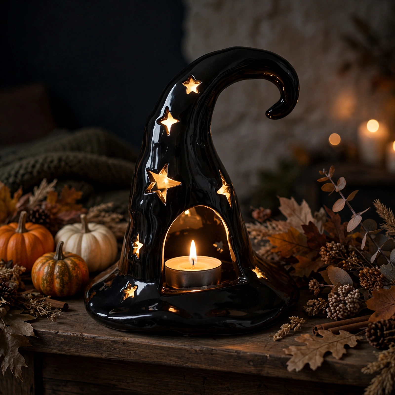 Black ceramic witch hat tealight holder glowing on a mantelpiece