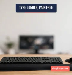 Wrist rest mouse pad and keyboard set in use at a desk