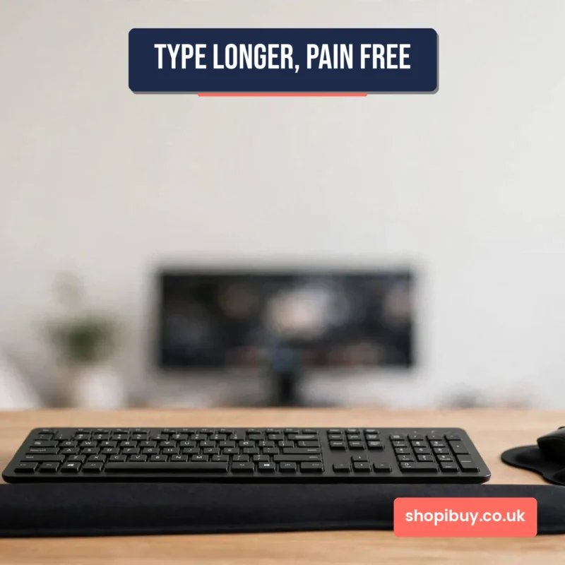 Wrist rest mouse pad and keyboard set in use at a desk